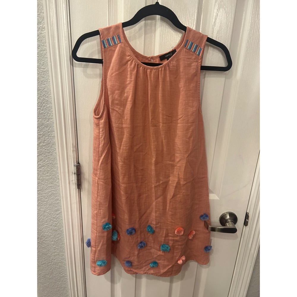 Very J Shift Dress Peach Pom Pom Embroidered Boho Summer VD32008